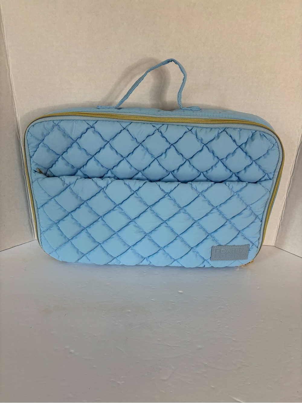 Quilted Light Blue Cosmetic Travel Case with Top Handle